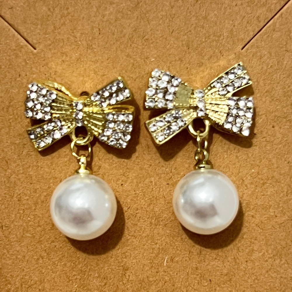 Gold Tone‎ Bow Pearl Drop Earrings Women Fashion Jewelry - Picture 3 of 6